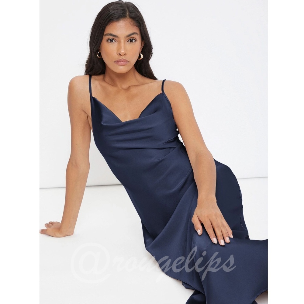 Dark Blue Satin Cami Dress Midi Adjustable Spaghetti Straps